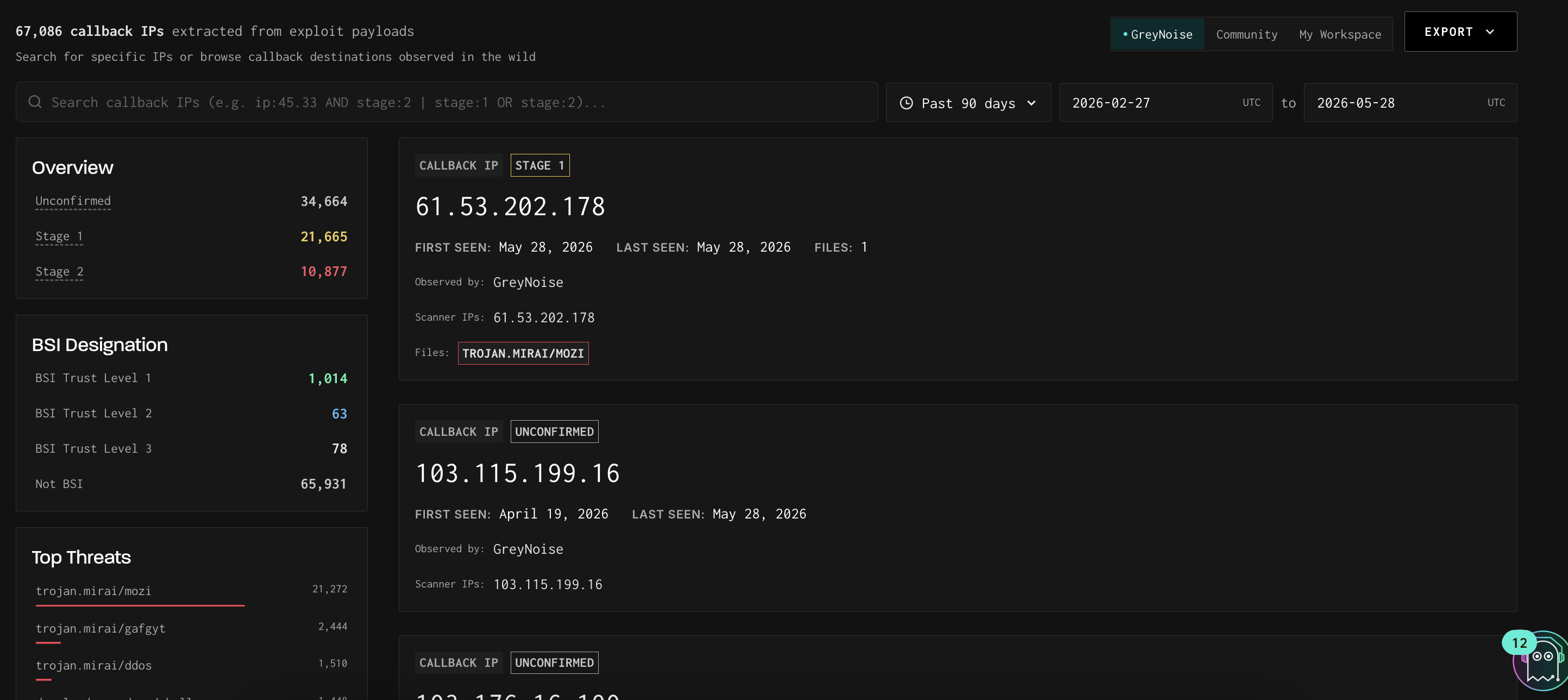 GNQL — Callback IPs Facet (search scanners by the C2 destinations their payloads referenced) — screenshot 1
